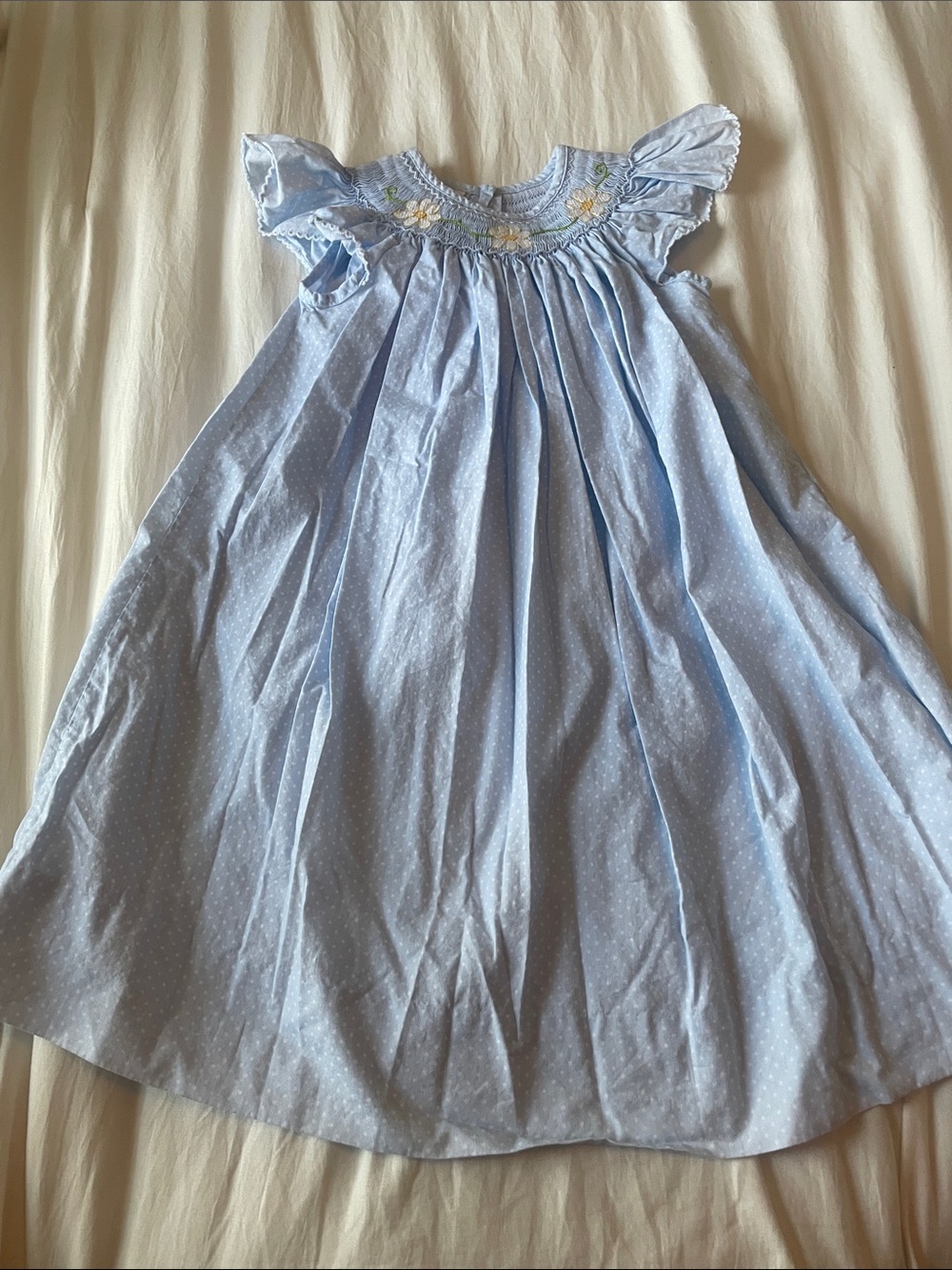Light Blue Smocked Flutter-Sleeve Kids Dress